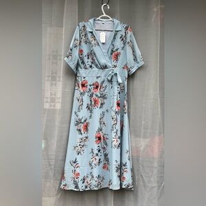 Blue/multicolor V-neck, short sleeved, midi dress, XL